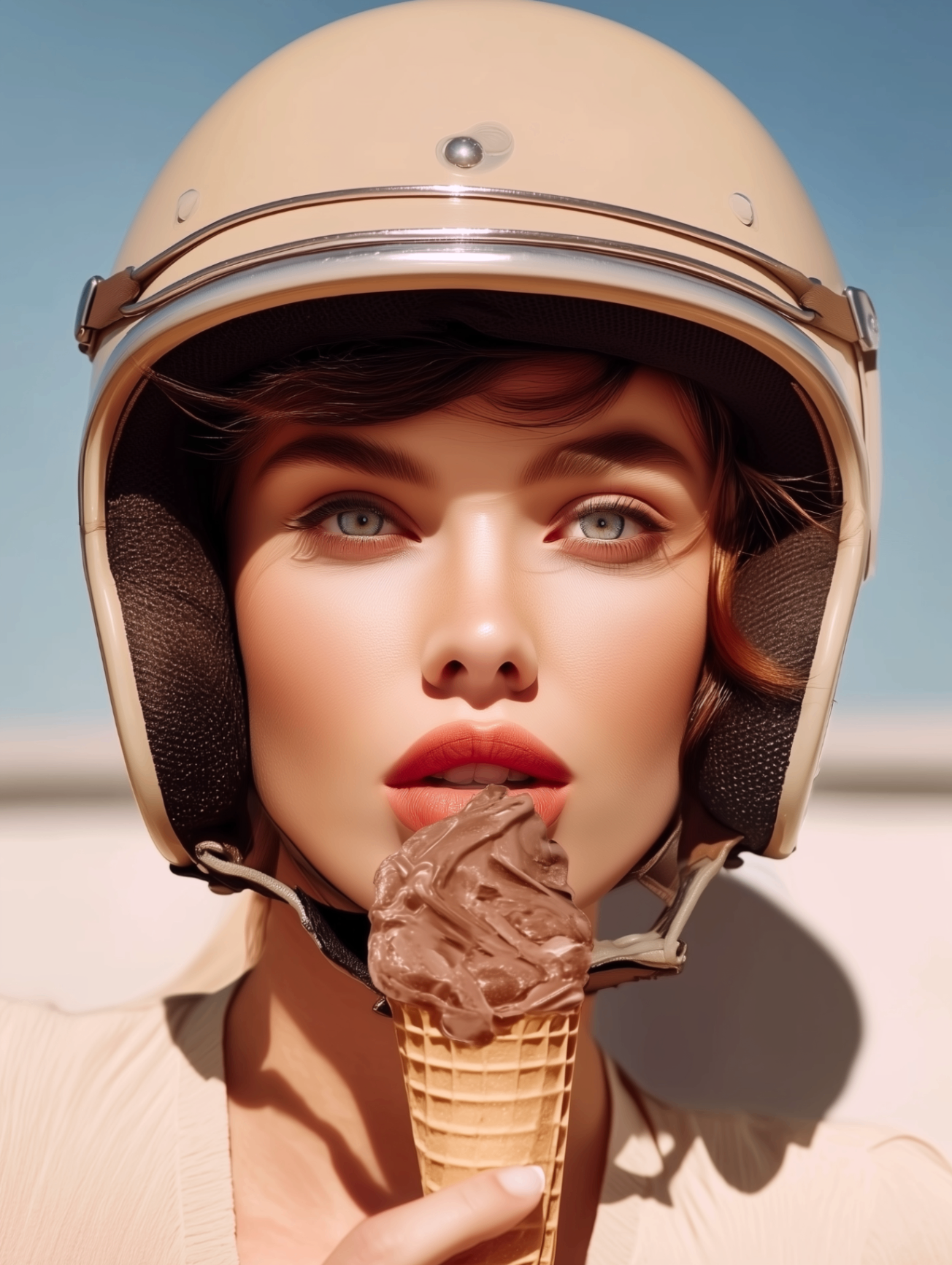 Portrait of a woman in a cream helmet holding a chocolate ice cream cone.